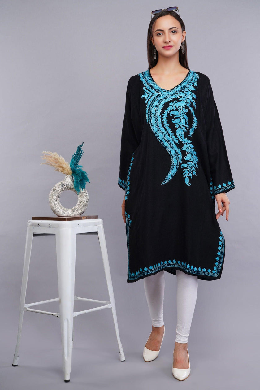Black Pheran with Bluish Cyan Paisley Aari Embroidery - Kashmiri Pheran