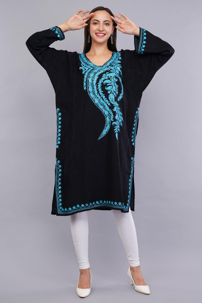 Black Pheran with Bluish Cyan Paisley Aari Embroidery - Kashmiri Pheran