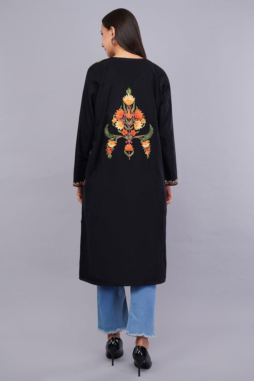 Black Pheran with Floral Poshkaar Design Aari Embroidery - Kashmiri Pheran