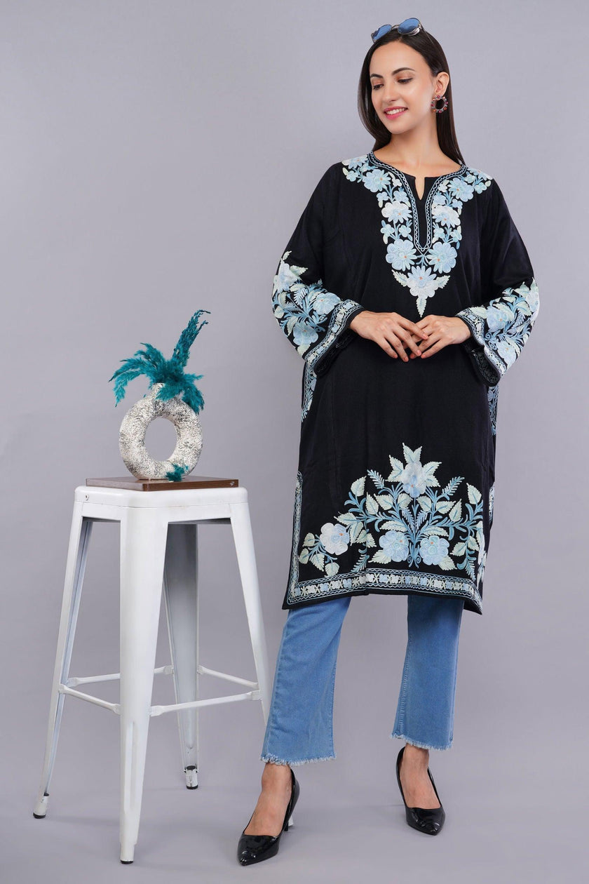 Black Pheran with Pale Aqua Floral Aari Embroidery - Kashmiri Pheran