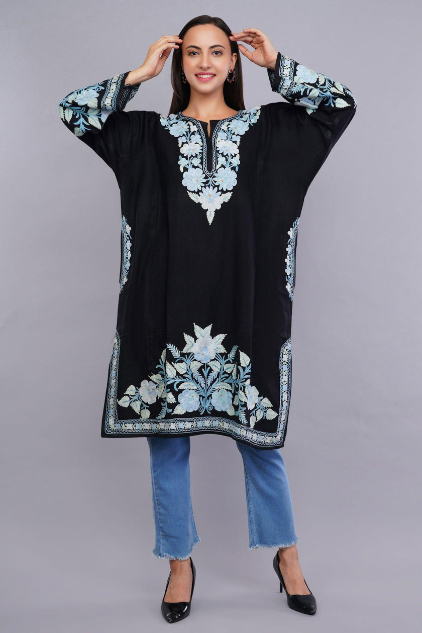 Black Pheran with Pale Aqua Floral Aari Embroidery - Kashmiri Pheran