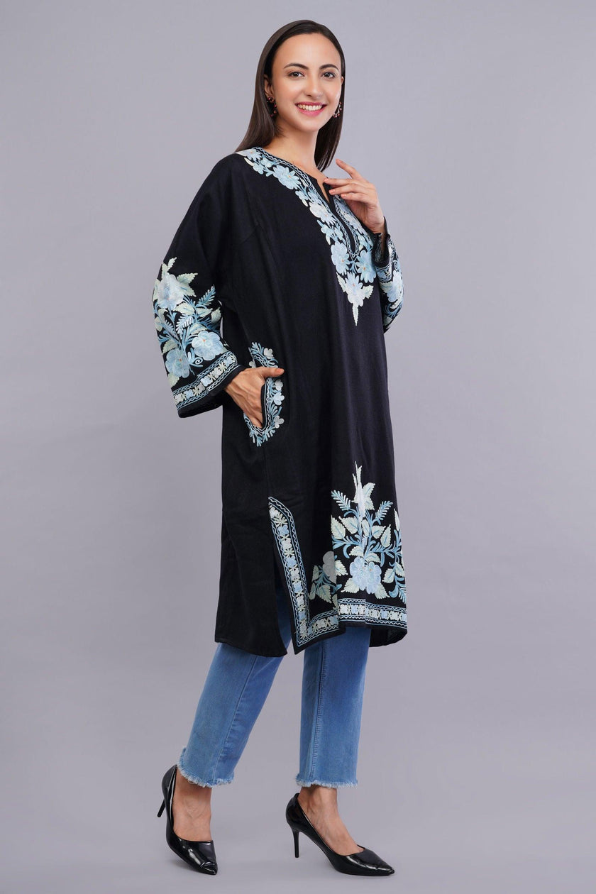 Black Pheran with Pale Aqua Floral Aari Embroidery - Kashmiri Pheran
