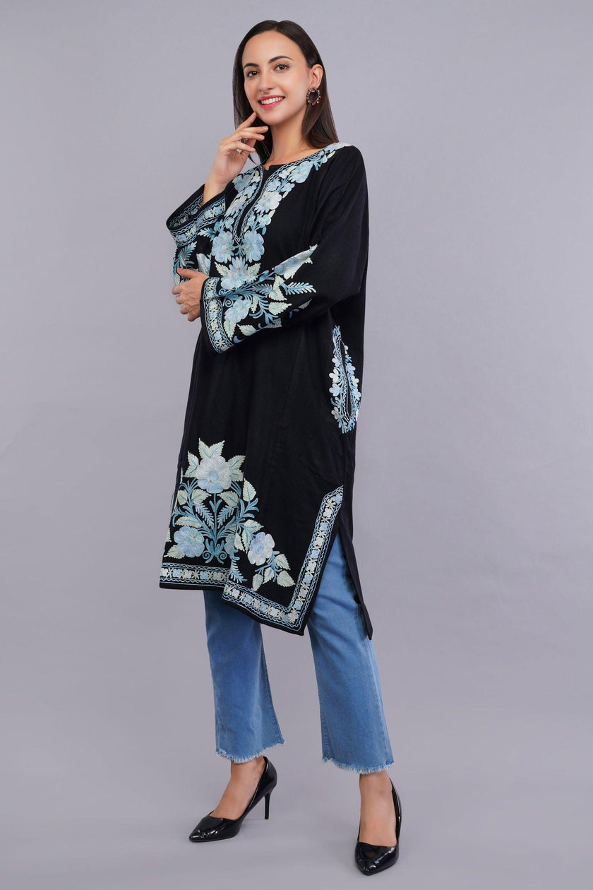 Black Pheran with Pale Aqua Floral Aari Embroidery - Kashmiri Pheran