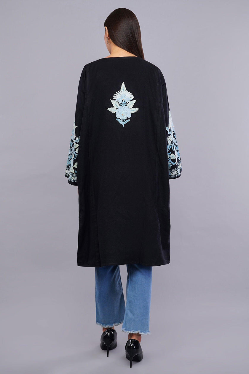 Black Pheran with Pale Aqua Floral Aari Embroidery - Kashmiri Pheran