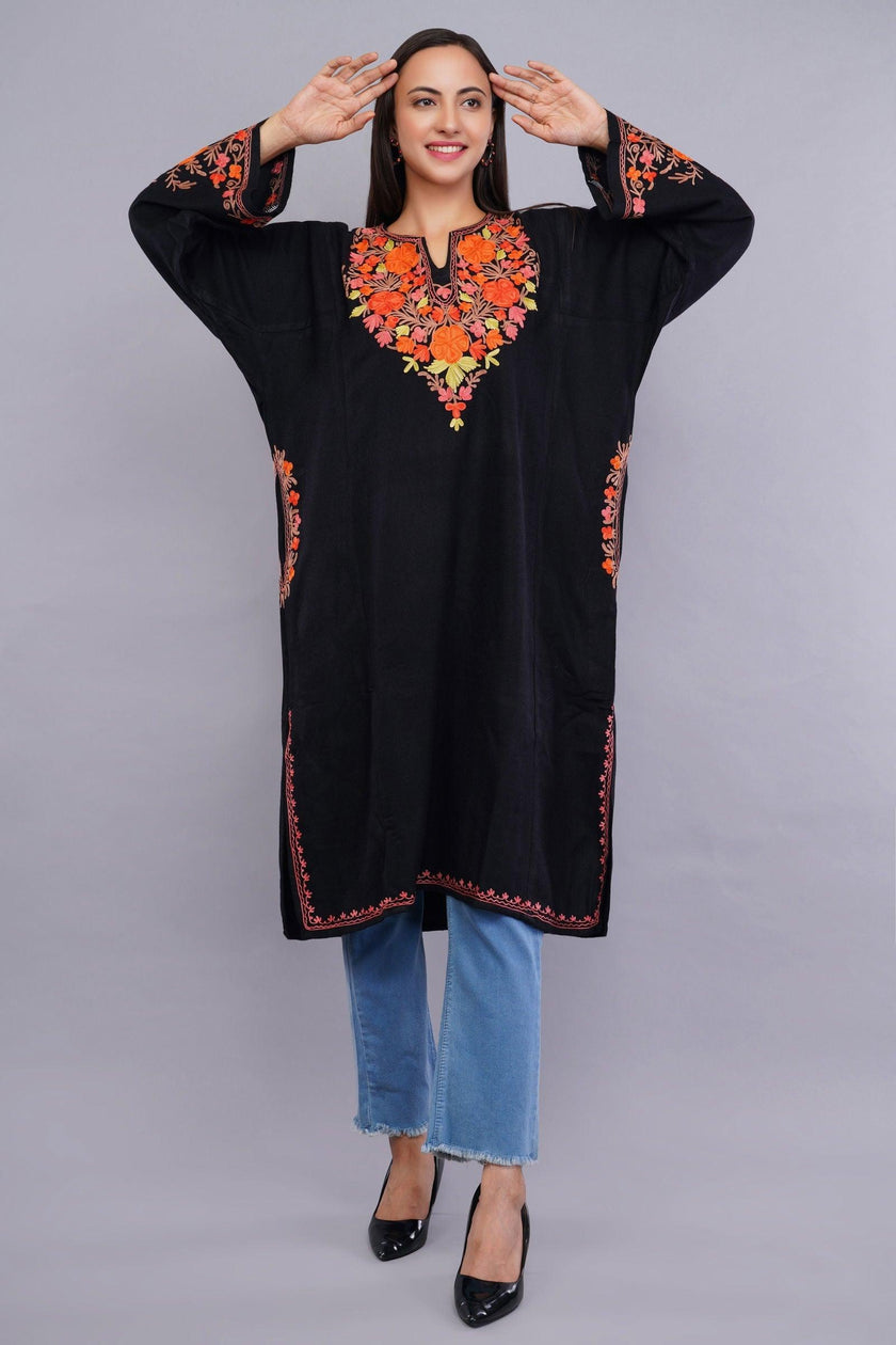 Black Poshkaar Design Aari Embroidered Pheran - Kashmiri Pheran