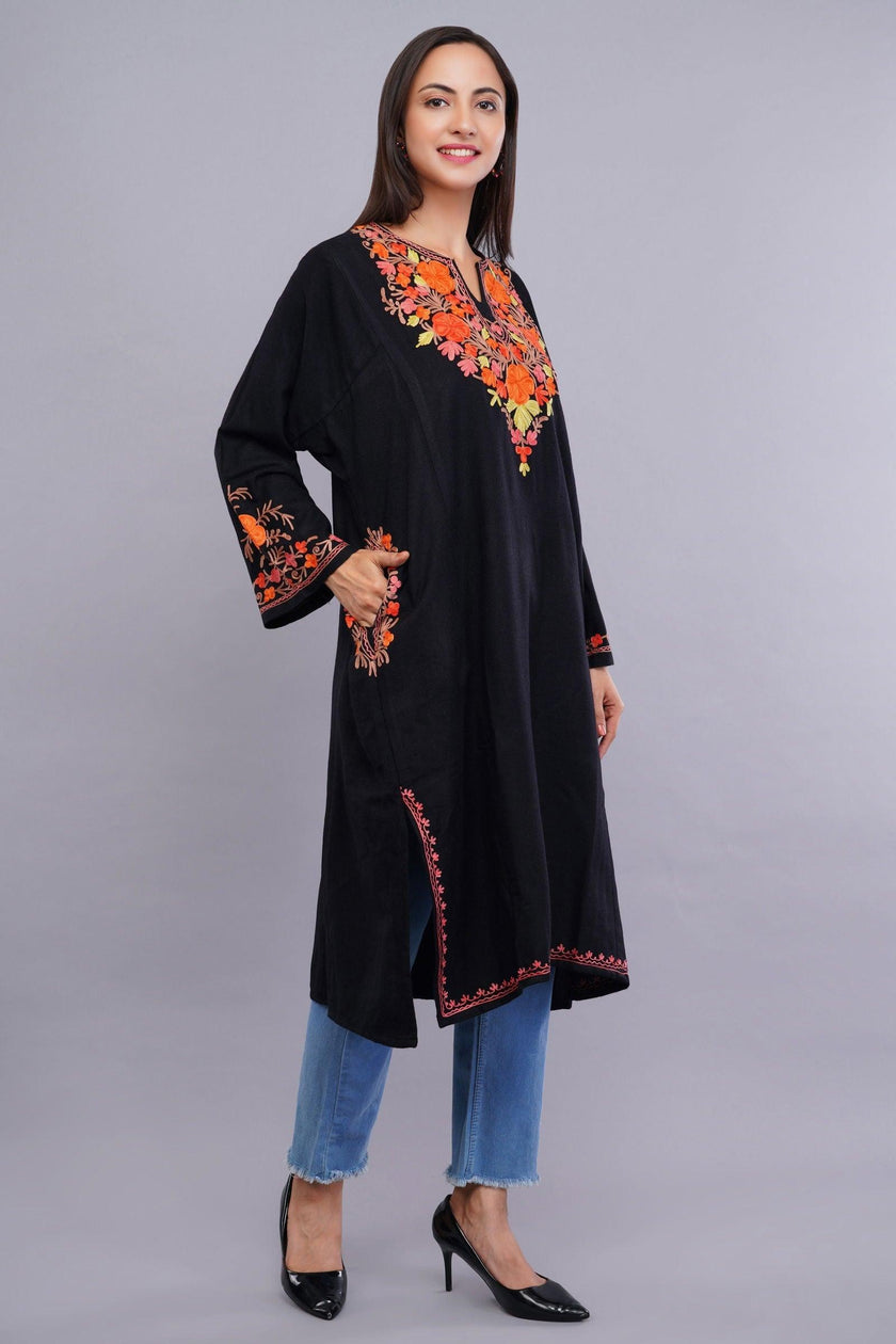 Black Poshkaar Design Aari Embroidered Pheran - Kashmiri Pheran