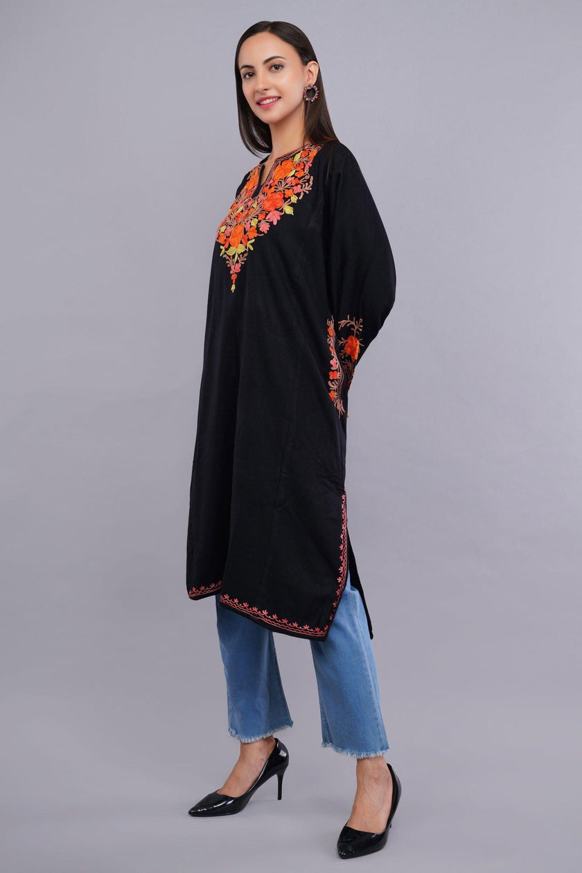 Black Poshkaar Design Aari Embroidered Pheran - Kashmiri Pheran