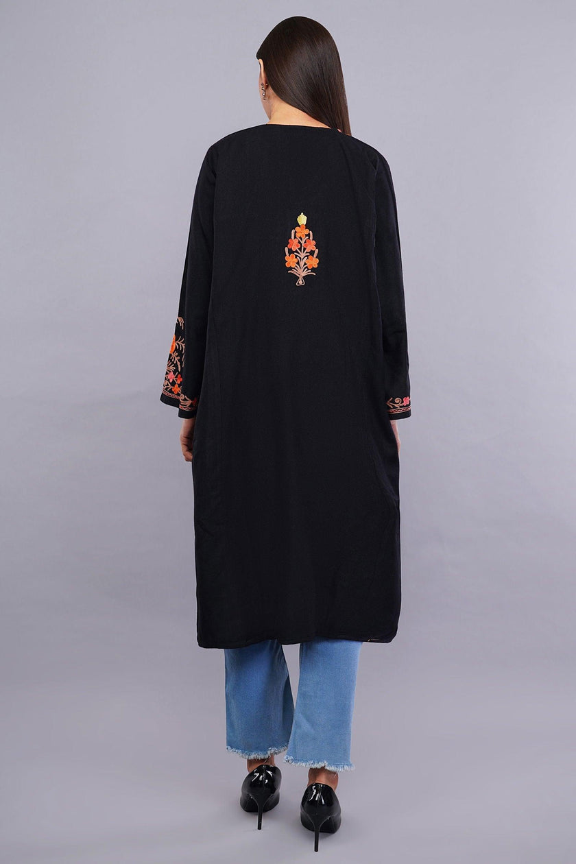 Black Poshkaar Design Aari Embroidered Pheran - Kashmiri Pheran