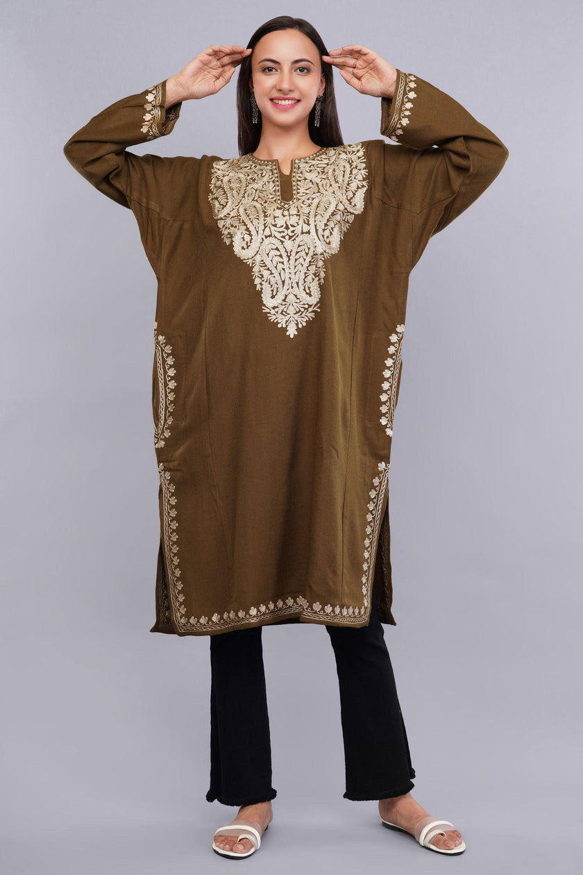 Brown Base Zari Metallic Gold Embroidered Kashmiri Pheran - Kashmiri Pheran