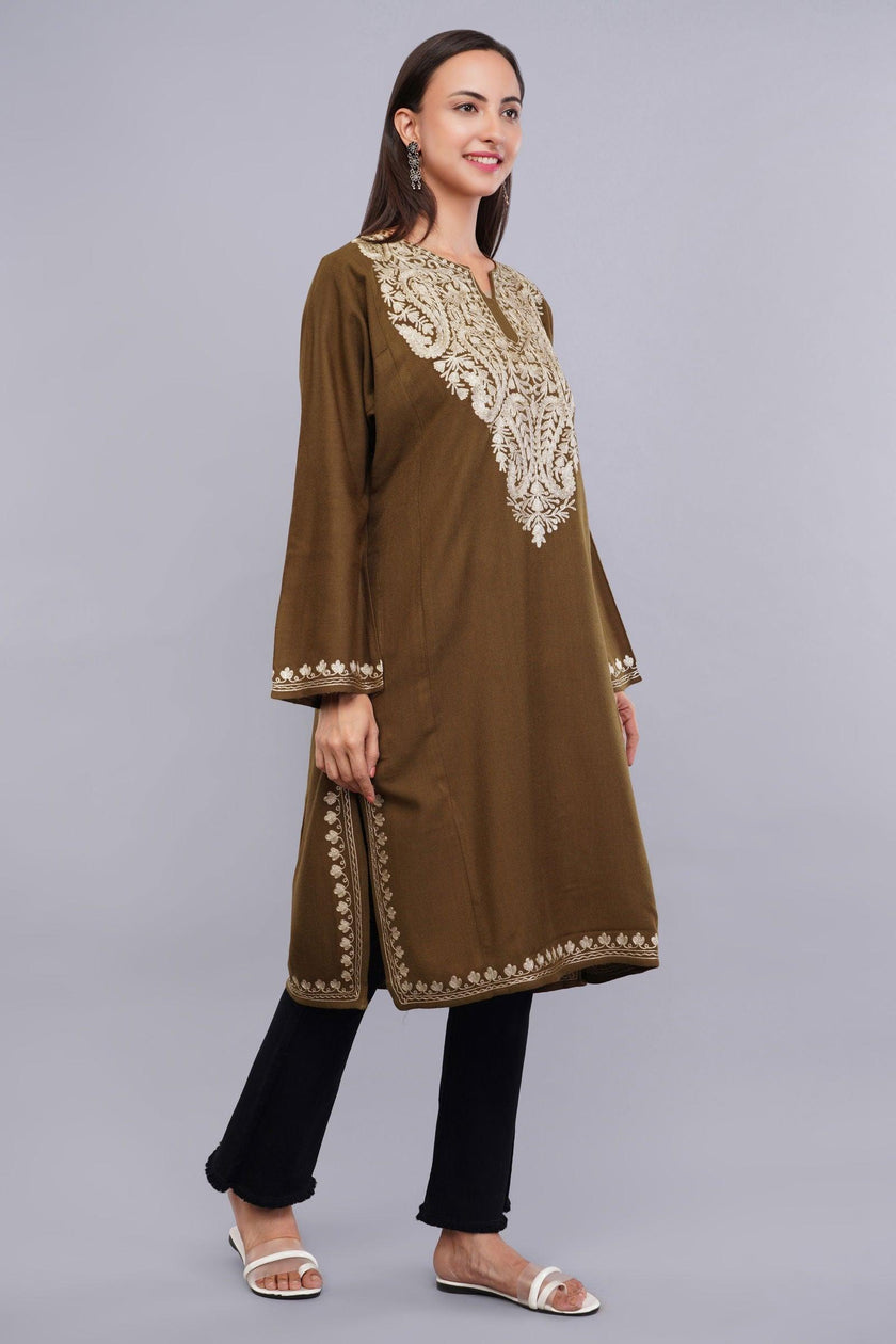Brown Base Zari Metallic Gold Embroidered Kashmiri Pheran - Kashmiri Pheran