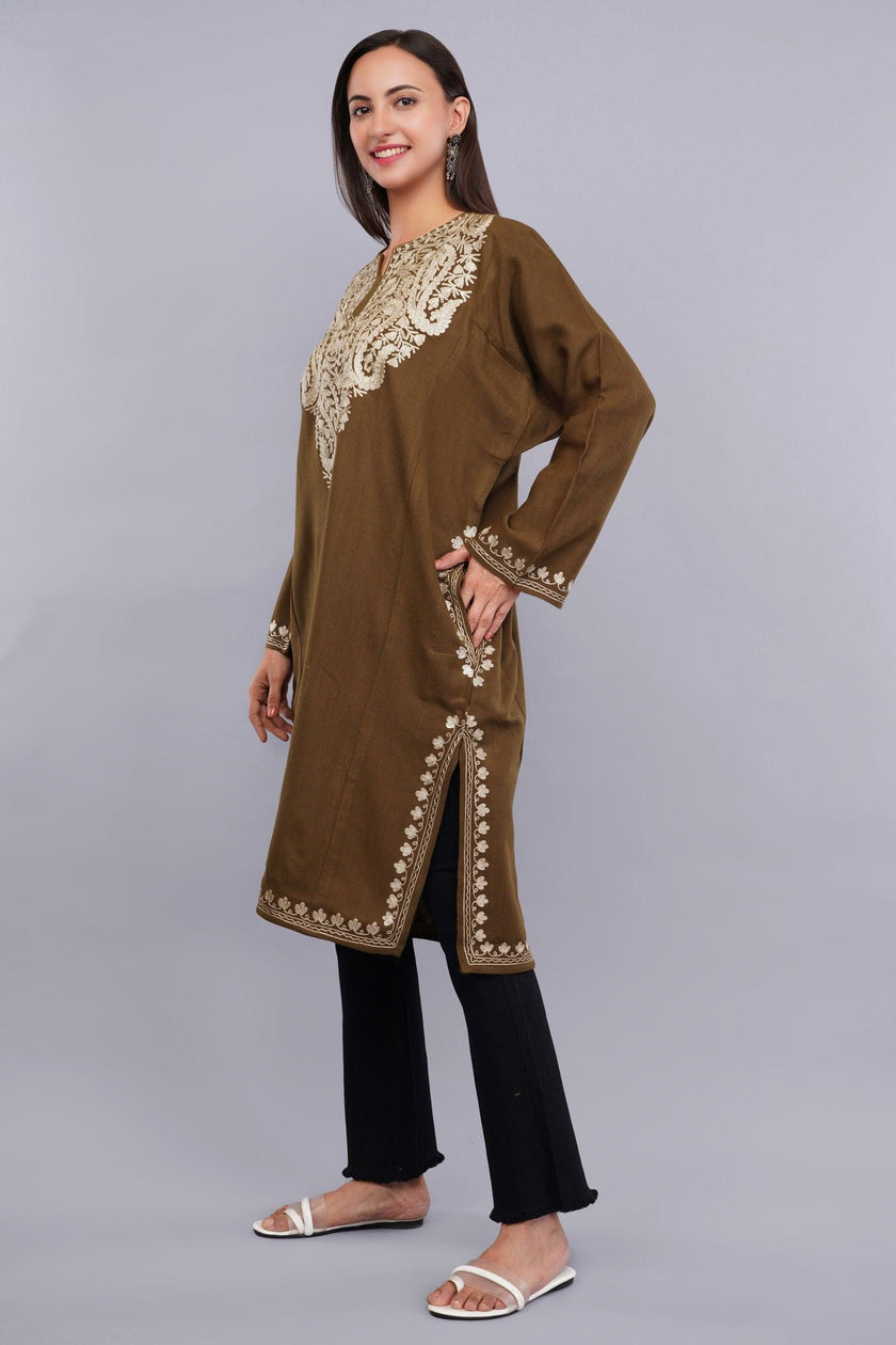 Brown Base Zari Metallic Gold Embroidered Kashmiri Pheran - Kashmiri Pheran