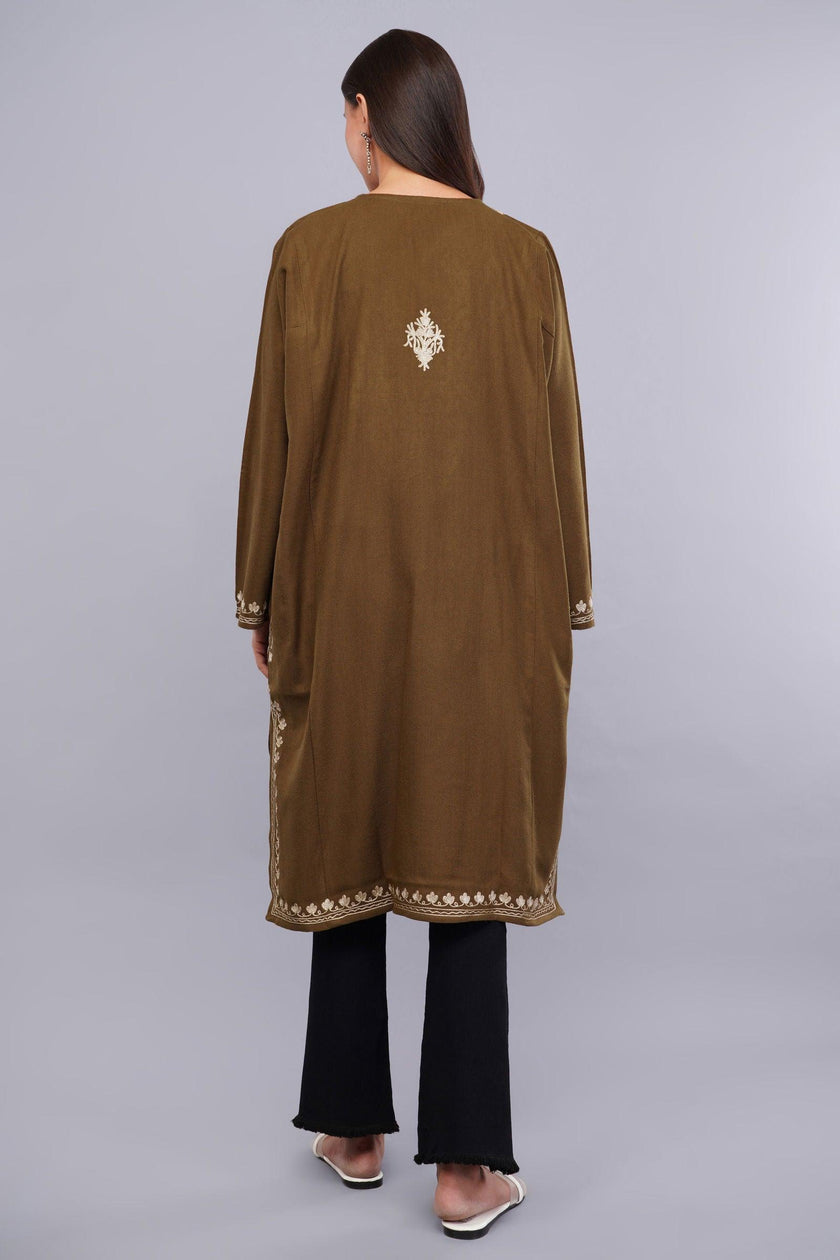 Brown Base Zari Metallic Gold Embroidered Kashmiri Pheran - Kashmiri Pheran