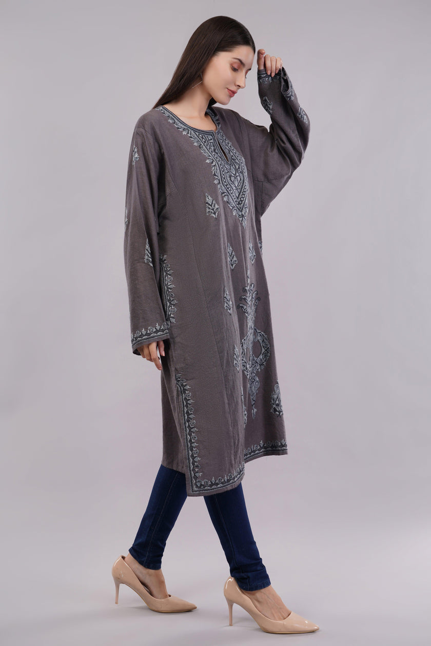 Smokey Grey Kashmiri Woolen Pheran with Aari Embroidery in Shades of Grey