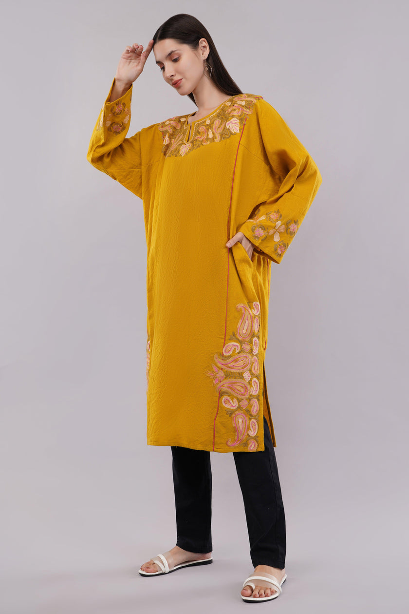 Mustard Yellow Kashmiri Pheran with Delicate Aari Embroidery