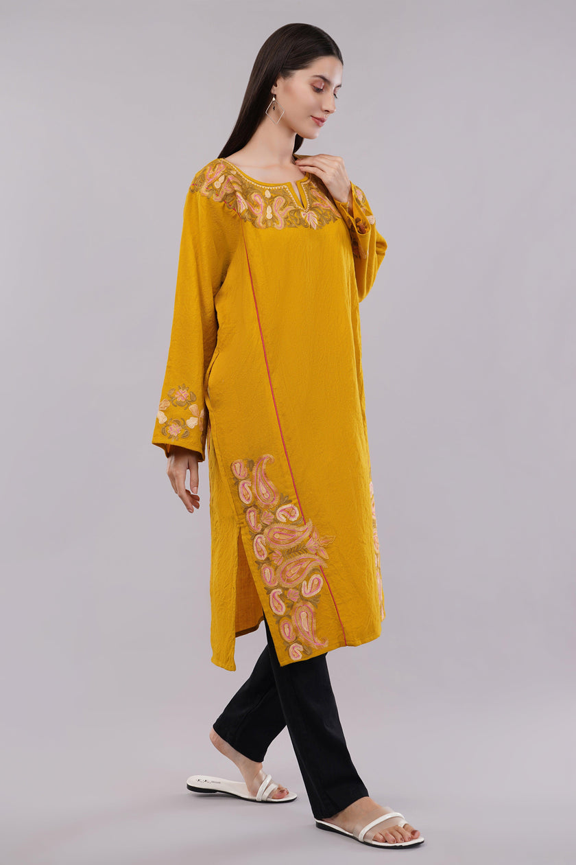 Mustard Yellow Kashmiri Pheran with Delicate Aari Embroidery