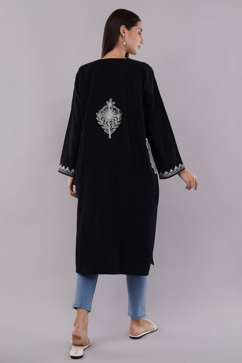 Midnight Black Kashmiri Pheran with Silver Zari Embroidery