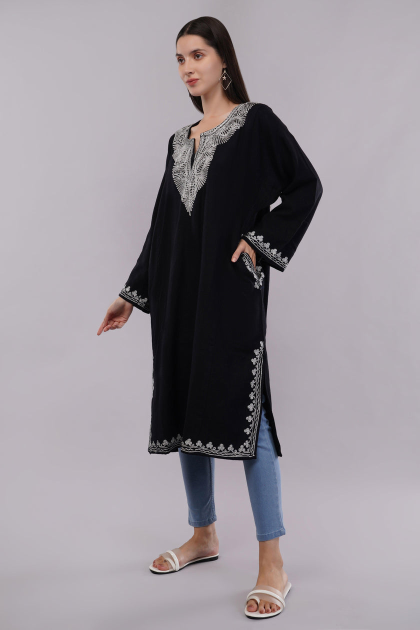 Midnight Black Kashmiri Pheran with Silver Zari Embroidery