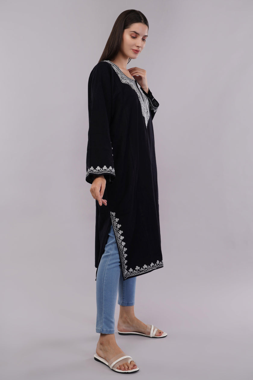 Midnight Black Kashmiri Pheran with Silver Zari Embroidery