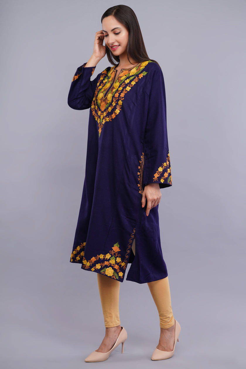 Blue Fine Cashmilon Pheran with Orange and Yellow Floral Aari Embroidery