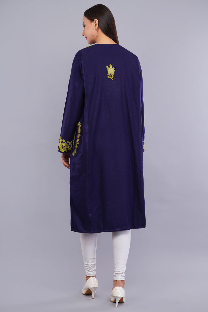 Navy Blue Fine Cashmilon Pheran with Green and Gold Aari Embroidery