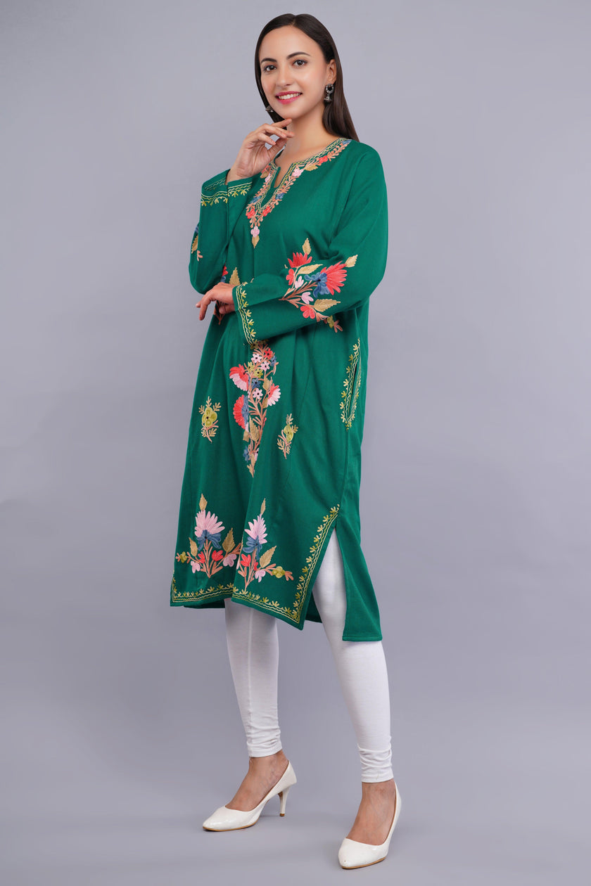 Teal Green Pheran with Classic Aari Embroidery and Elegant Sleeve Detailing