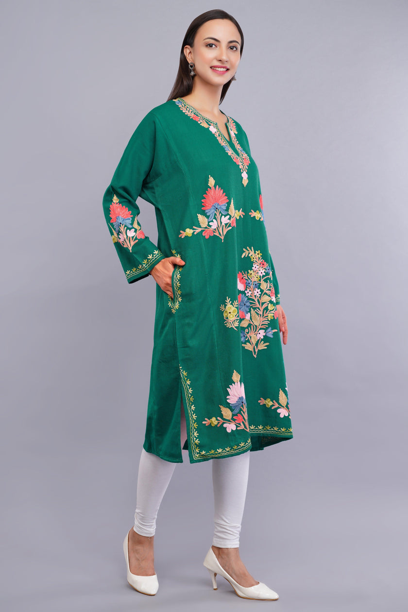 Teal Green Pheran with Classic Aari Embroidery and Elegant Sleeve Detailing