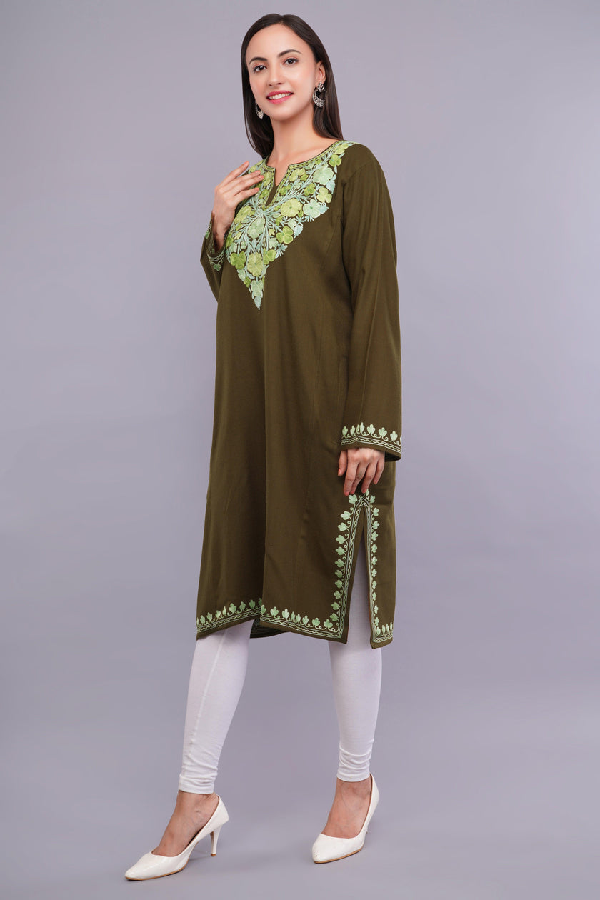 Brown Tumbleweed Pheran with Light Olive and Telish Green Aari Embroidery