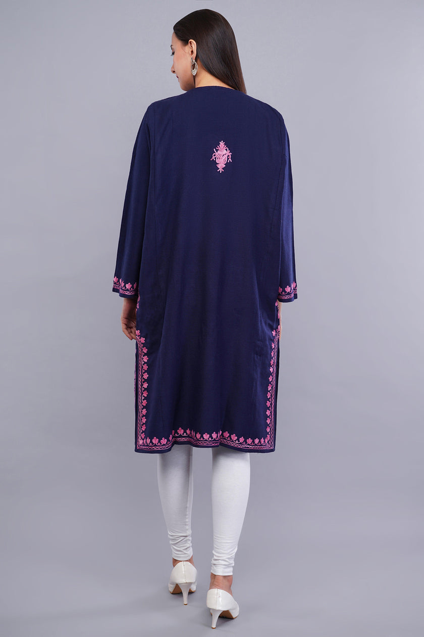 Royal Blue Kashmiri Pheran with Pink Aari Embroidery and Large Paisley Floral Design