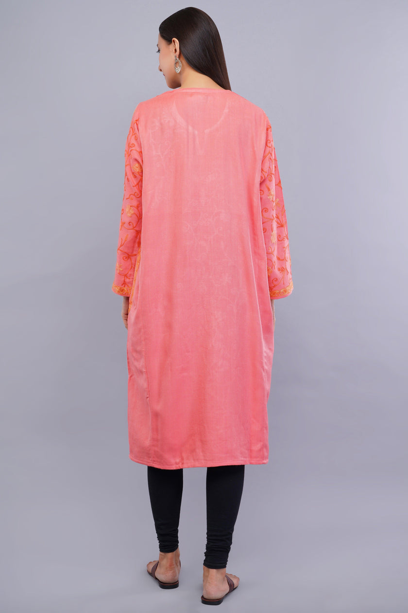 Sweet Pink Kashmiri Pheran with All-Over Jamawar Aari Embroidery