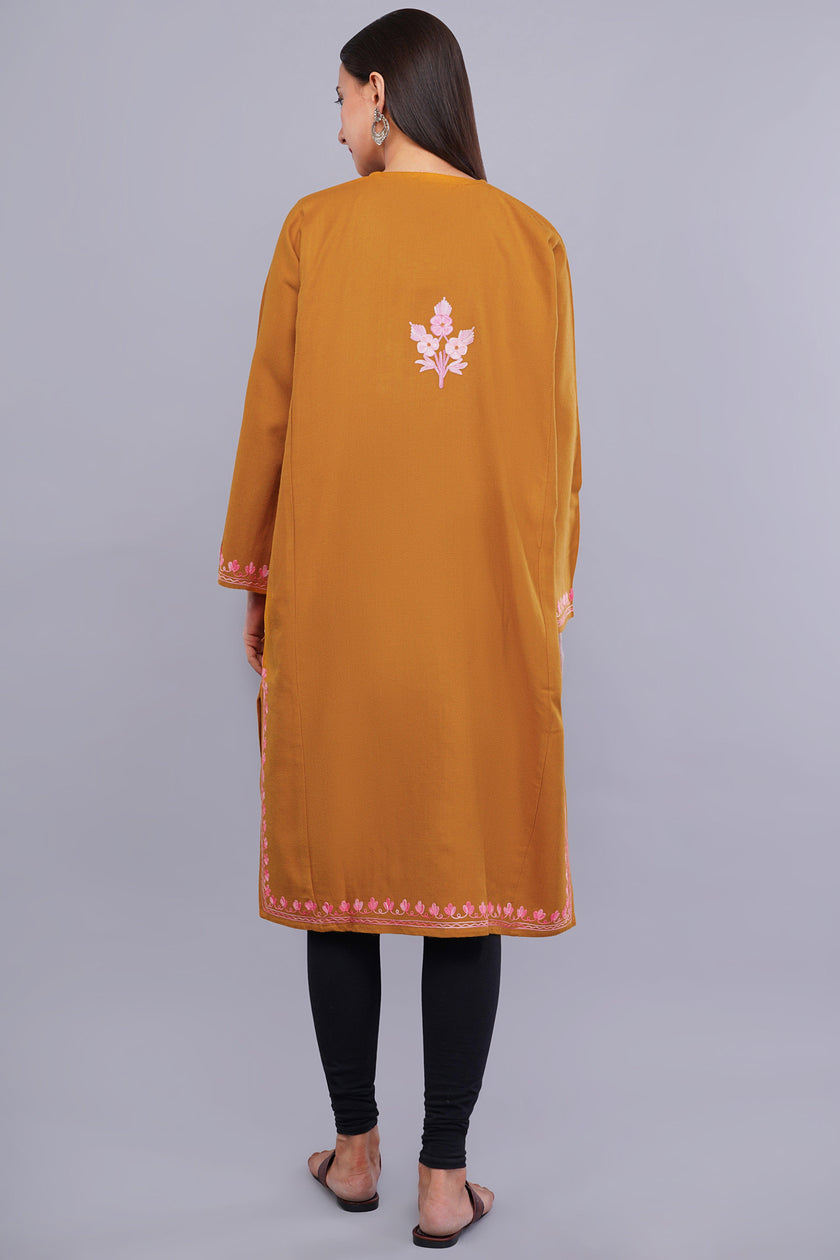 Saffron Blaze Kashmiri Pheran with Light Pink Aari Embroidery