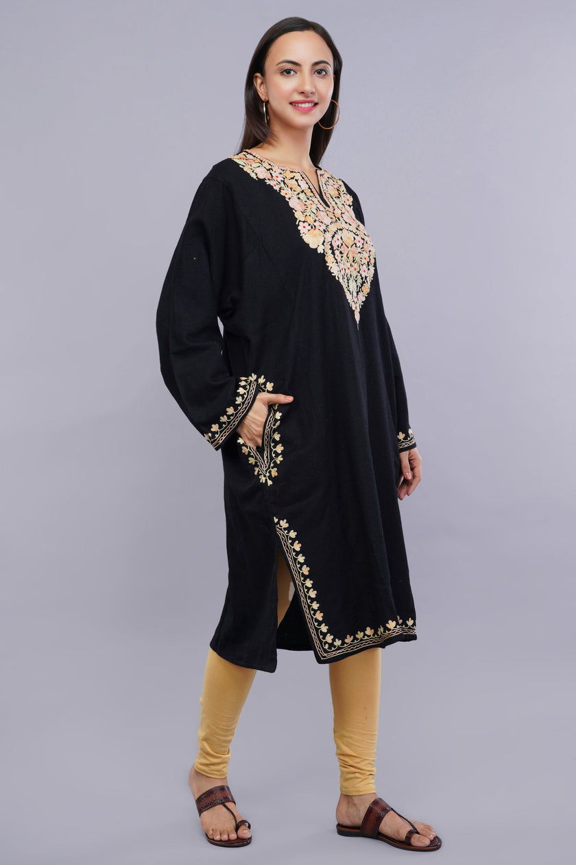 Black Pheran with Kashmiri Aari Embroidery and Floral Borders