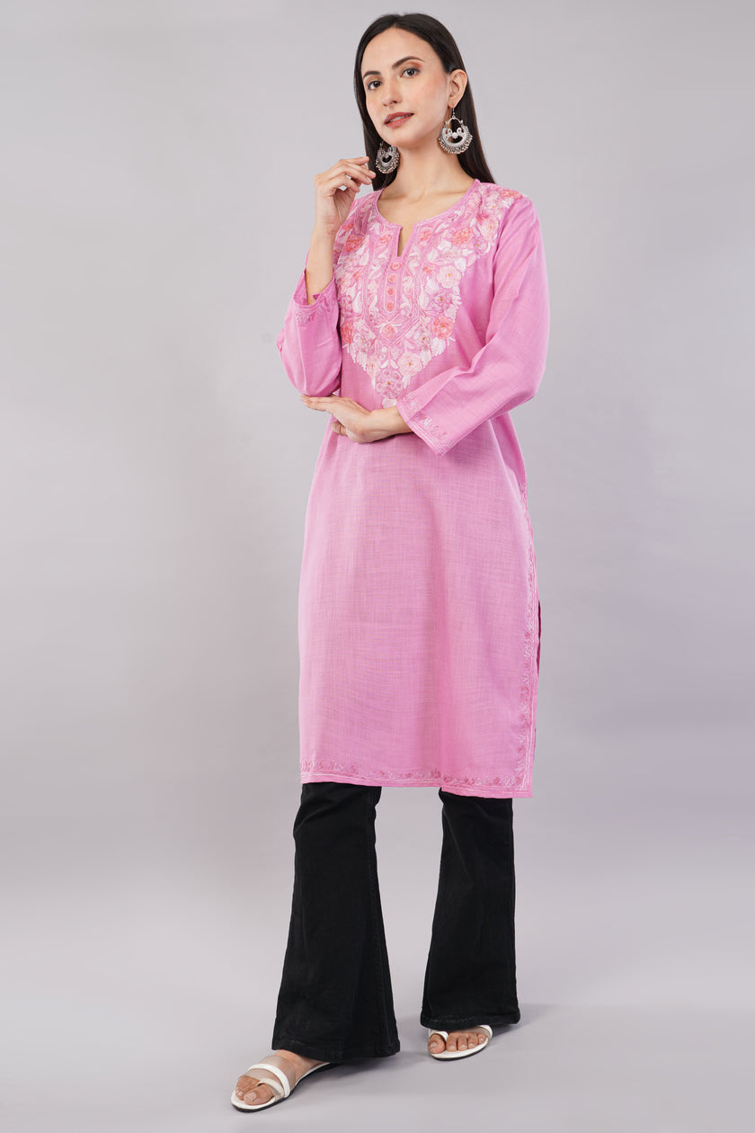 Blush Petal Kashmiri Kurta with Rosy Aari Embroidery