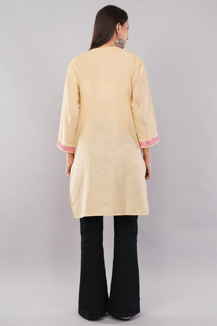 Meadow Pink Aari on Desert Sand Kashmiri Kurta