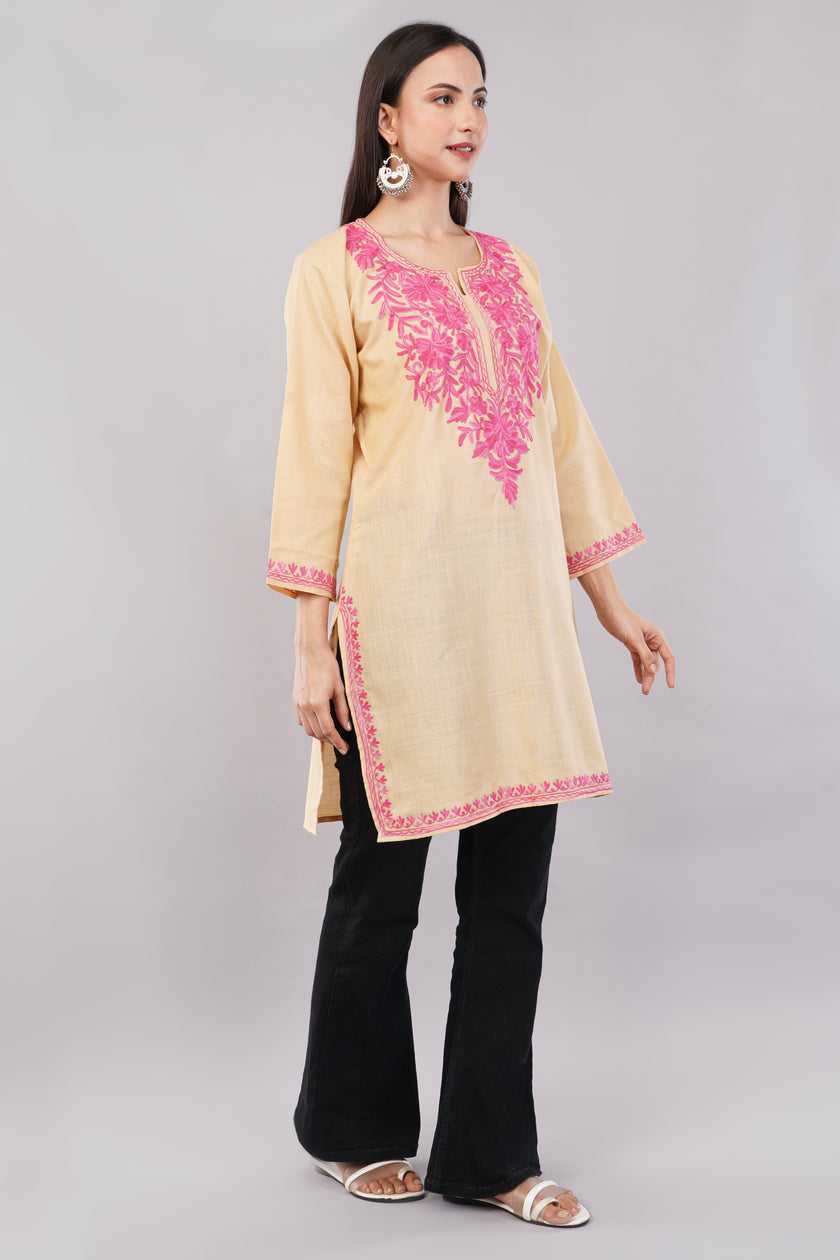 Meadow Pink Aari on Desert Sand Kashmiri Kurta