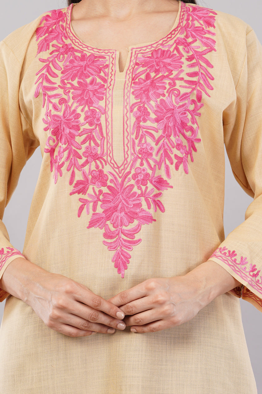 Meadow Pink Aari on Desert Sand Kashmiri Kurta