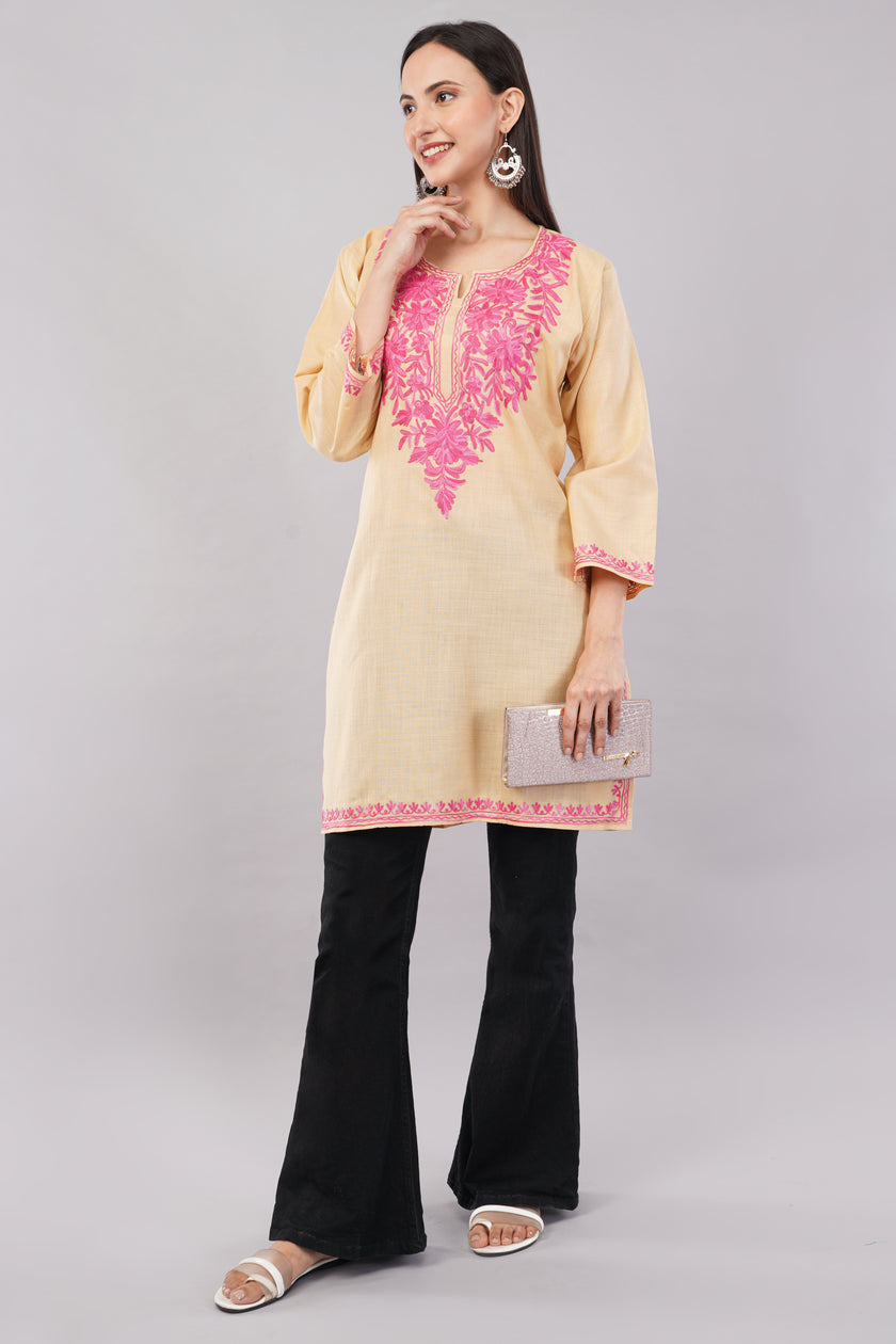 Meadow Pink Aari on Desert Sand Kashmiri Kurta