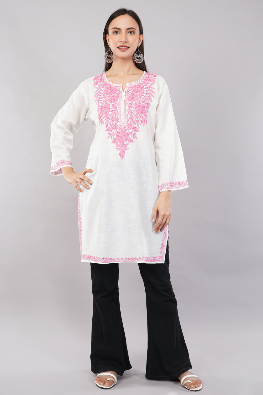 Pink Aari Blossom White Kashmiri Kurta