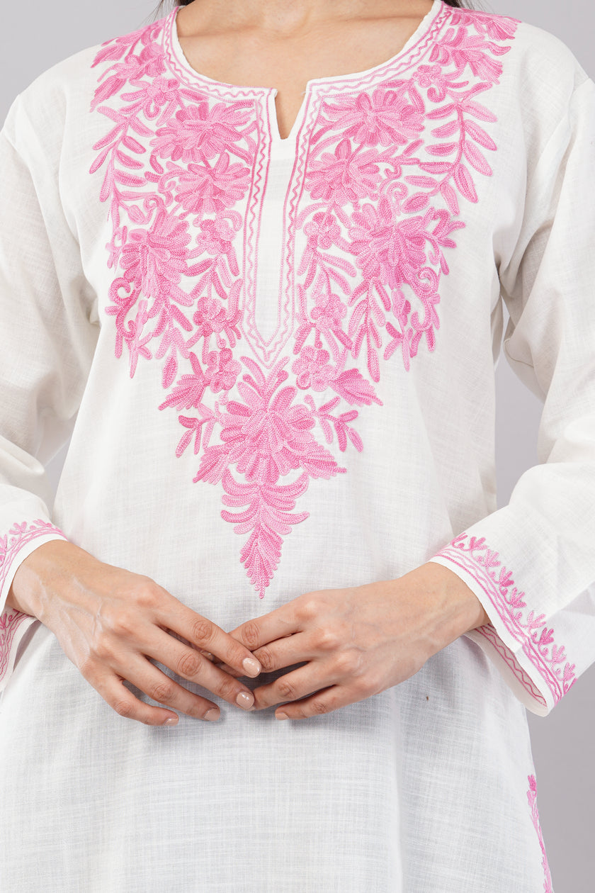 Pink Aari Blossom White Kashmiri Kurta