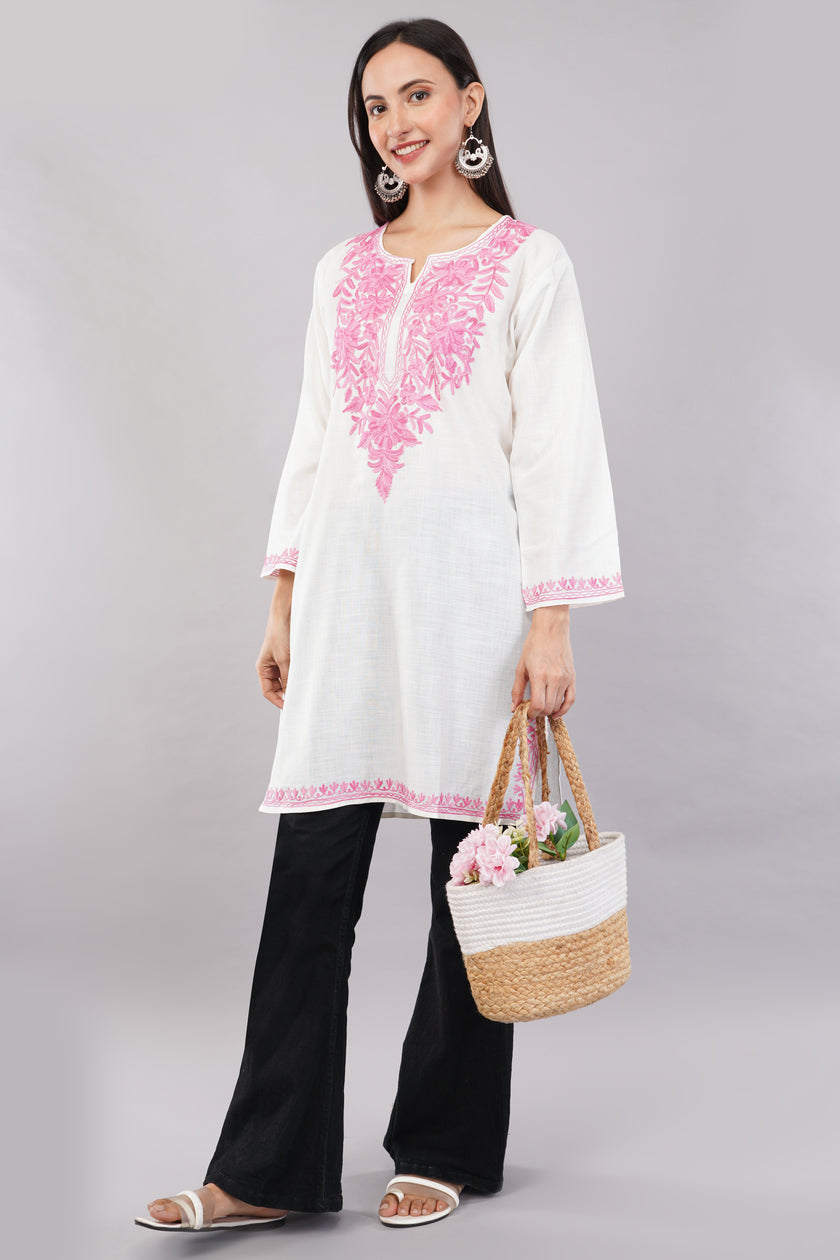 Pink Aari Blossom White Kashmiri Kurta