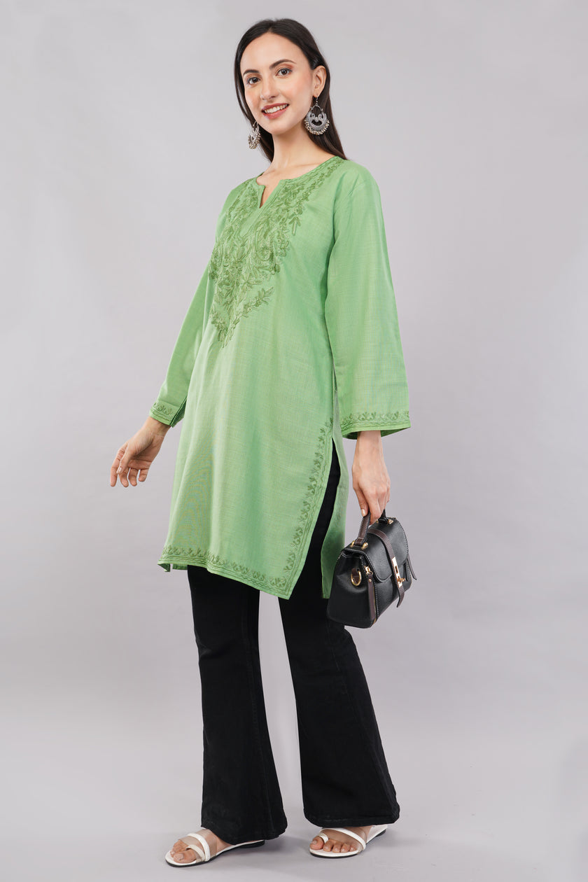 Pastel Green Kurta with Tonal Aari Embroidery