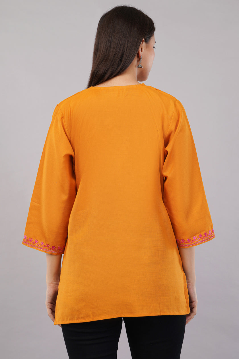 Saffron Bloom Kashmiri Kurti with Multicolour Aari Embroidery