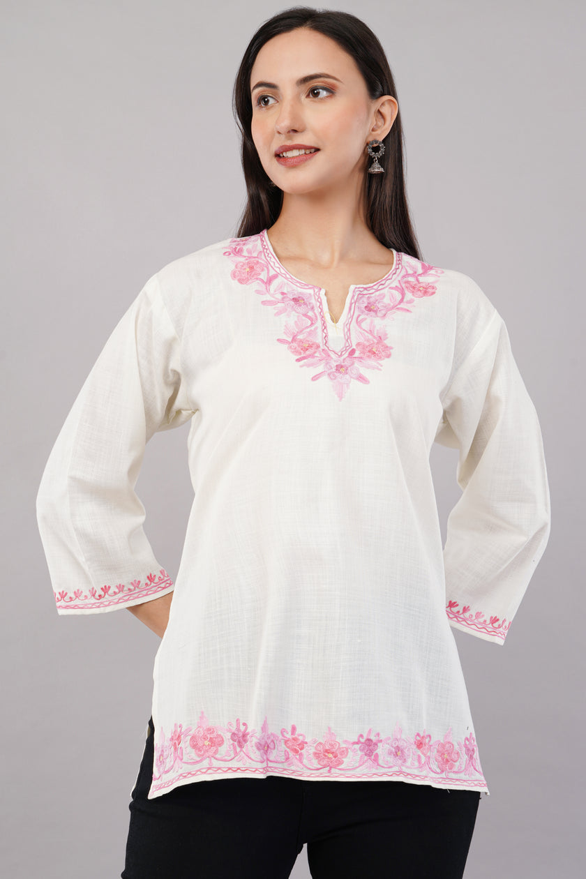 Ivory Grace Kashmiri Kurti with Blush Pink Aari