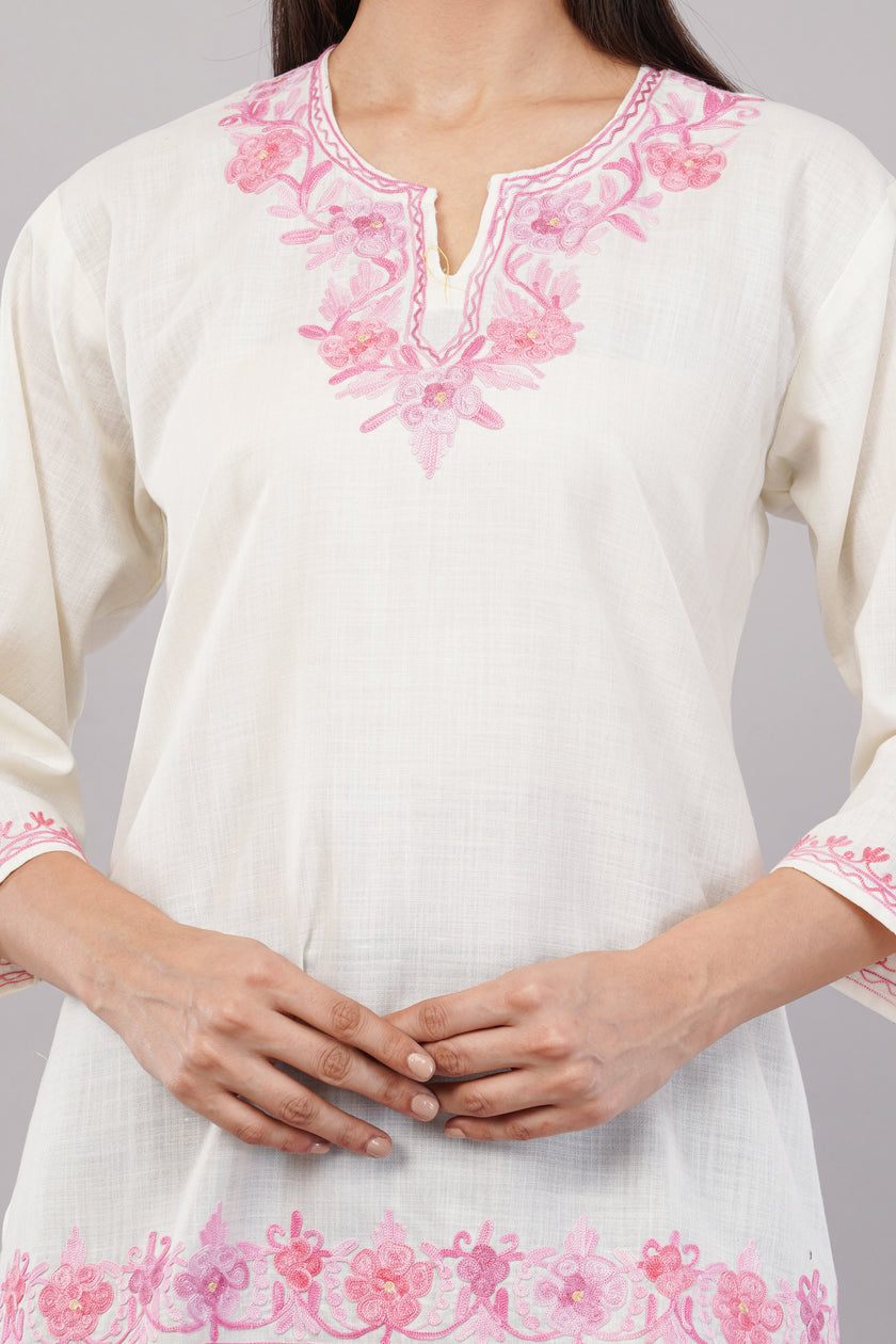 Ivory Grace Kashmiri Kurti with Blush Pink Aari