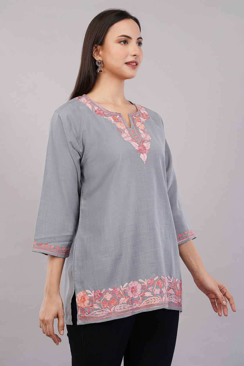 Pearl Grey Kashmiri Kurti with Rose Aari Embroidery