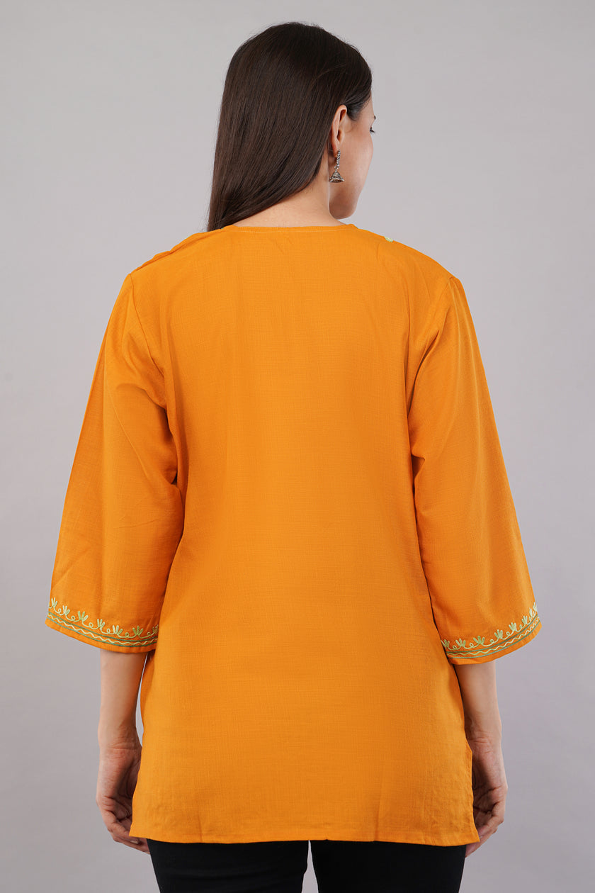 Marigold Bloom Kashmiri Kurti with Pistachio Green Aari