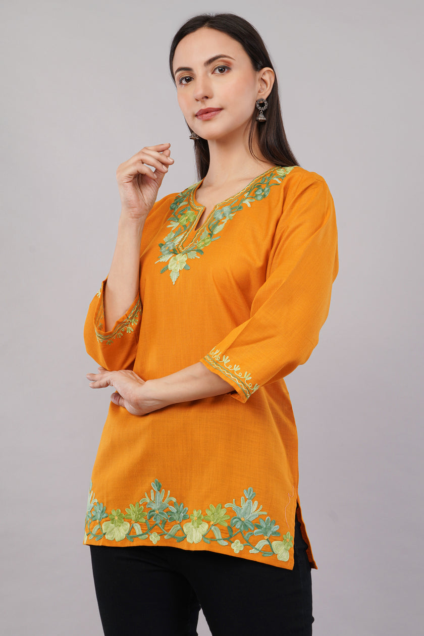 Marigold Bloom Kashmiri Kurti with Pistachio Green Aari