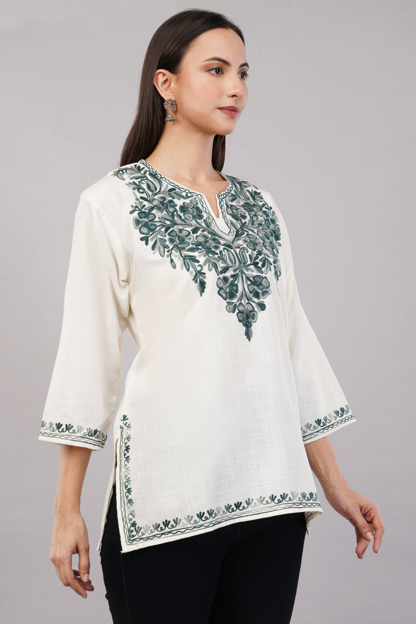 Ivory Grace Kashmiri Kurti with Forest Green Aari
