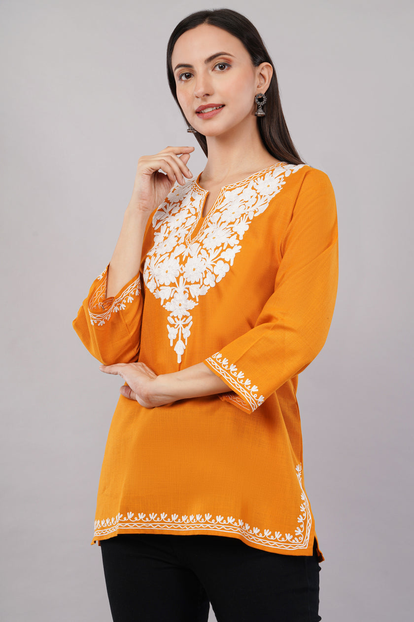 Amber Flare Kashmiri Kurti with Ivory White Aari