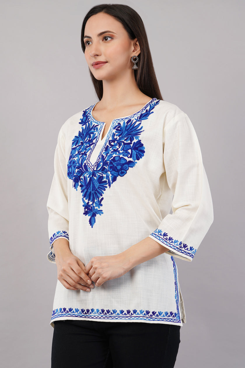 Ivory Charm Kashmiri Kurti with Azure Blue Aari