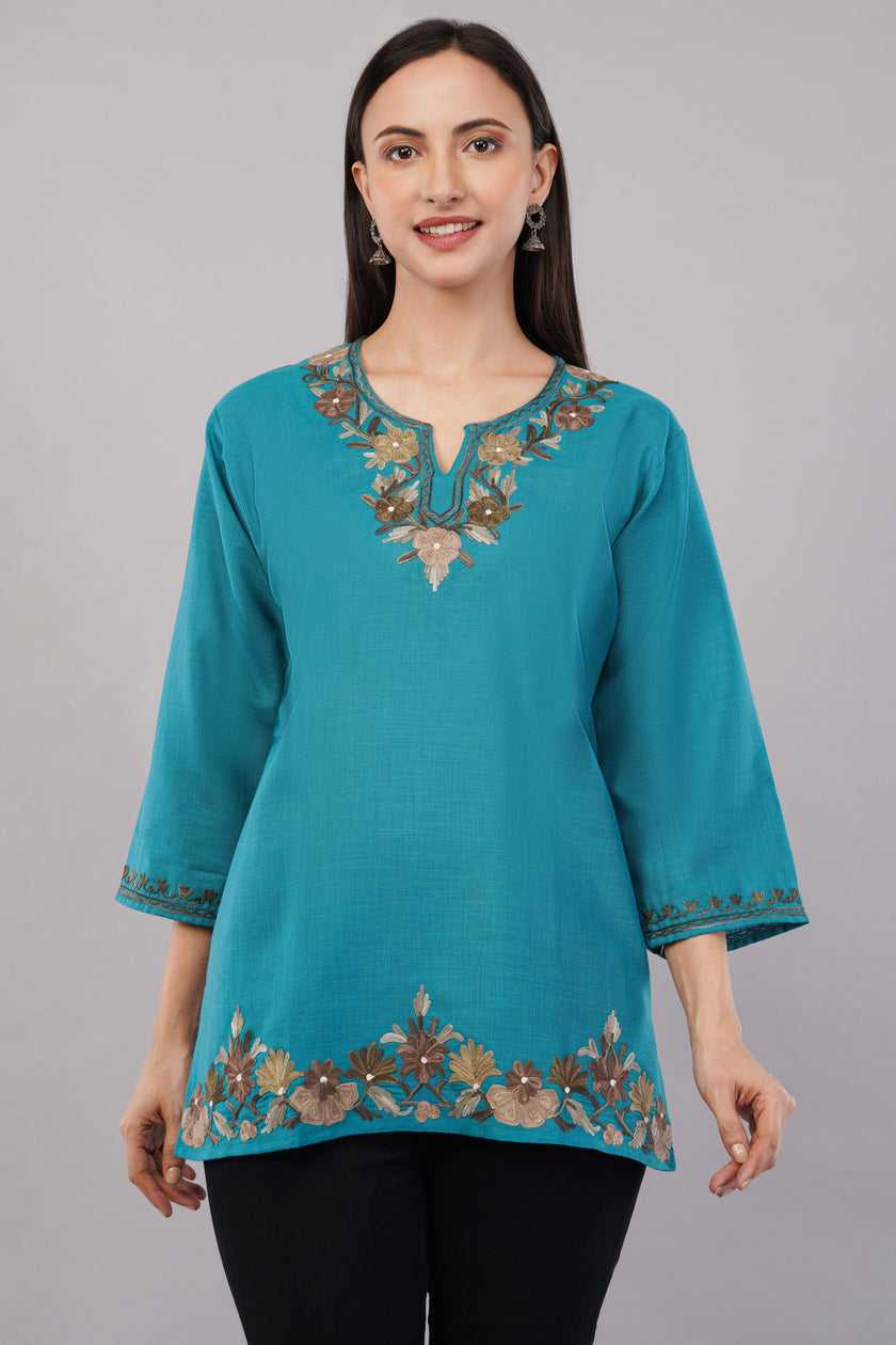 Teal Grove Kashmiri Kurti with Earth-Tone Aari Embroidery